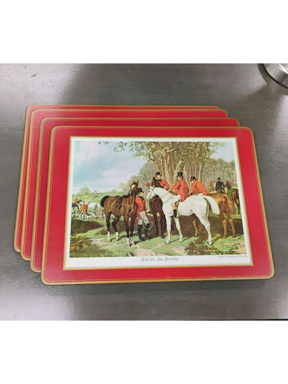 Set Of 4 English Fox Hunting Cork-Backed Placemats By Pimpernel With Red Borders